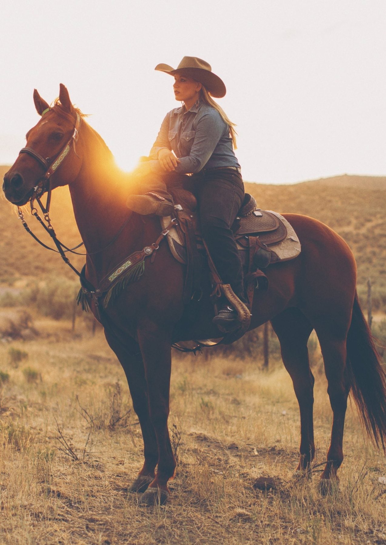 Cowgirl on her horse at sunset in Western Australia